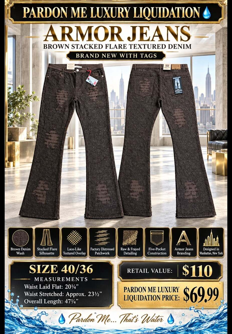 Armor Jeans Brown Stacked Flare Textured Distressed Denim